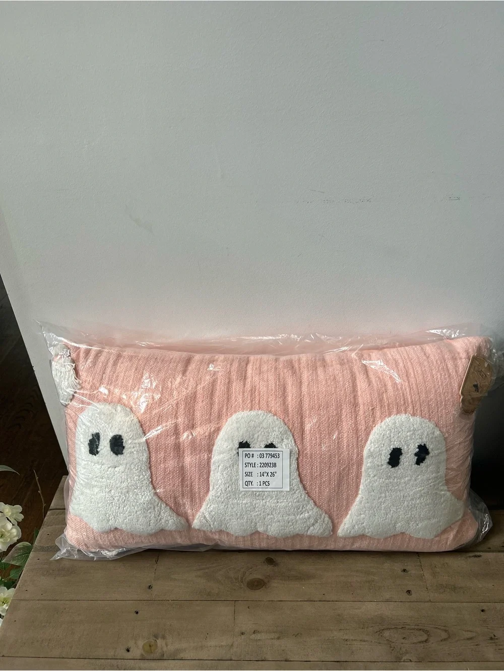 NWT Sweet Street Pink Ghost Lumbar Pillow Pastel Halloween 14x26 Tassels